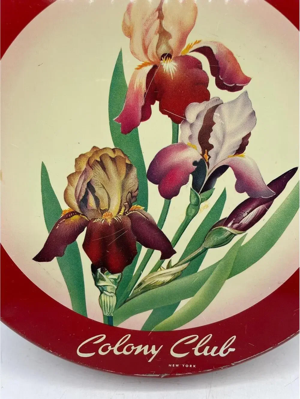Vintage Colony Club Candy Tin: Red Iris Floral Metal Storage Box